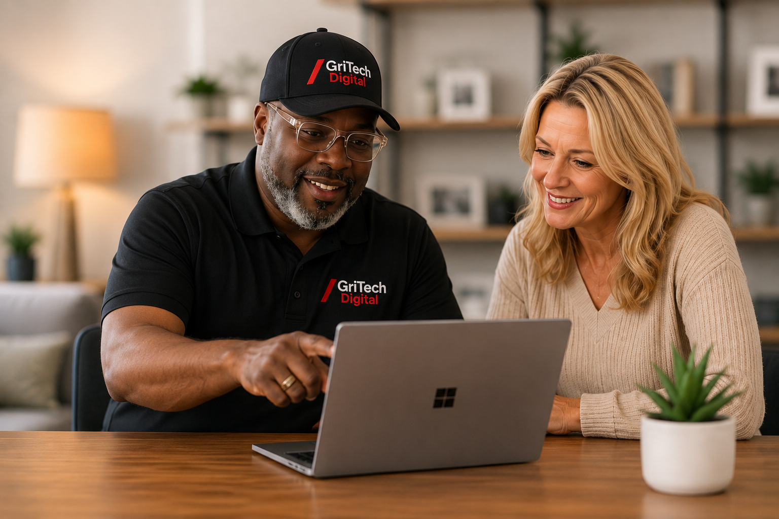 A friendly GriTech Digital technician helping a homeowner with a laptop