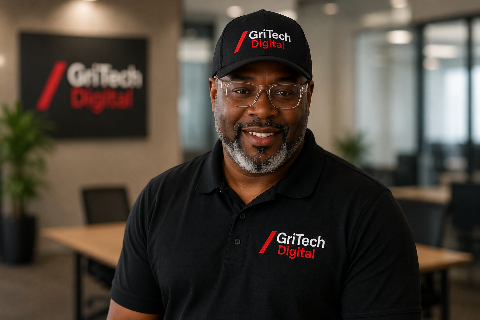 The owner of GriTech Digital — wearing a branded cap and polo, smiling in the office
